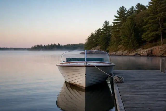 White wooden motorboat moored to a dock on calm misty lake, pine shoreline at sunrise.