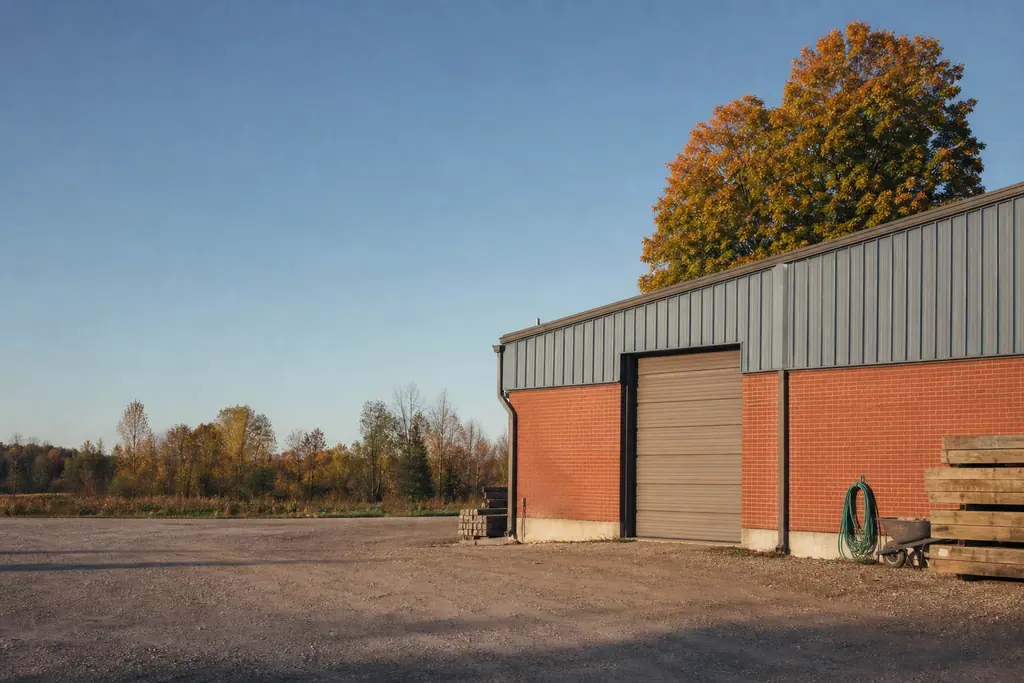 A steel and brick commercial building beside an open gravel yard under a clear autumn sky.