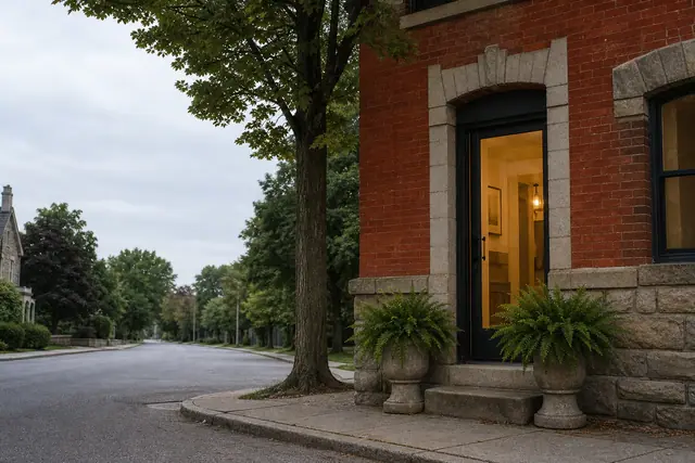 The corner entrance of a red-brick heritage building, its doorway lit from within and flanked by stone planters, on a quiet tree-lined street.