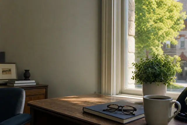A wooden desk beside a bright window, with a closed notebook, reading glasses, a coffee mug and a potted plant.